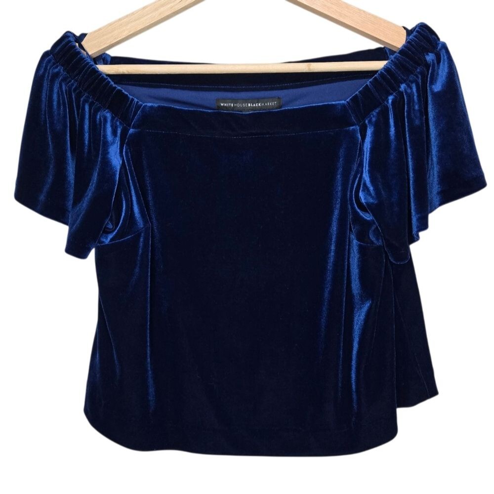 White House Black Market Velvet Off-Shoulder Blouse in Deep Blue